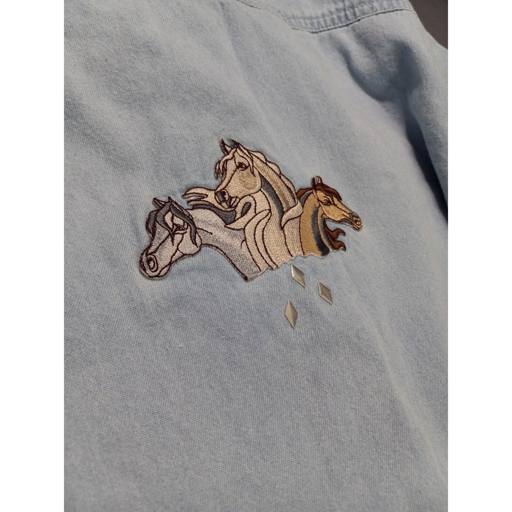 Vintage 90s Horse Embroidered Denim Button Up Shirt S Western Cowgirl Coastal - Picture 11 of 12